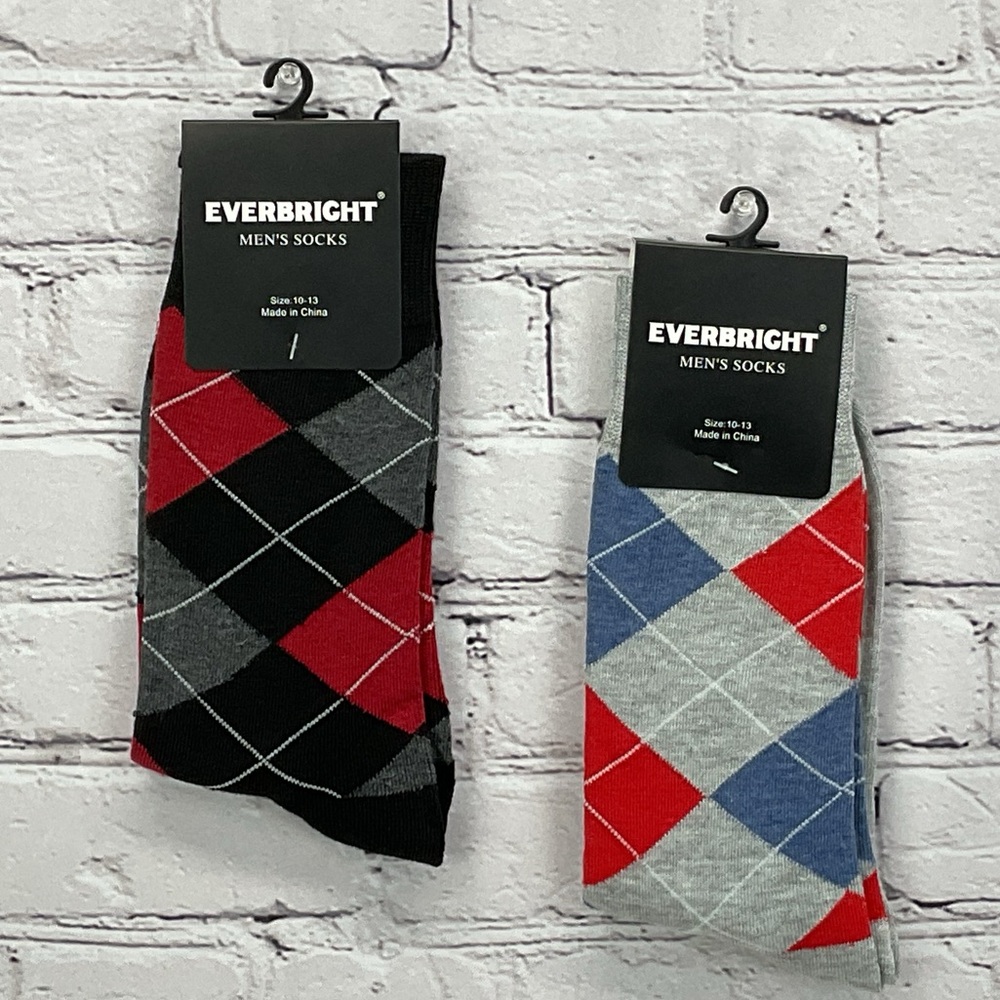 Everbright Socks 2Pair Men’s Size 10-13 Argyle Print Multicolored Novelty Travel